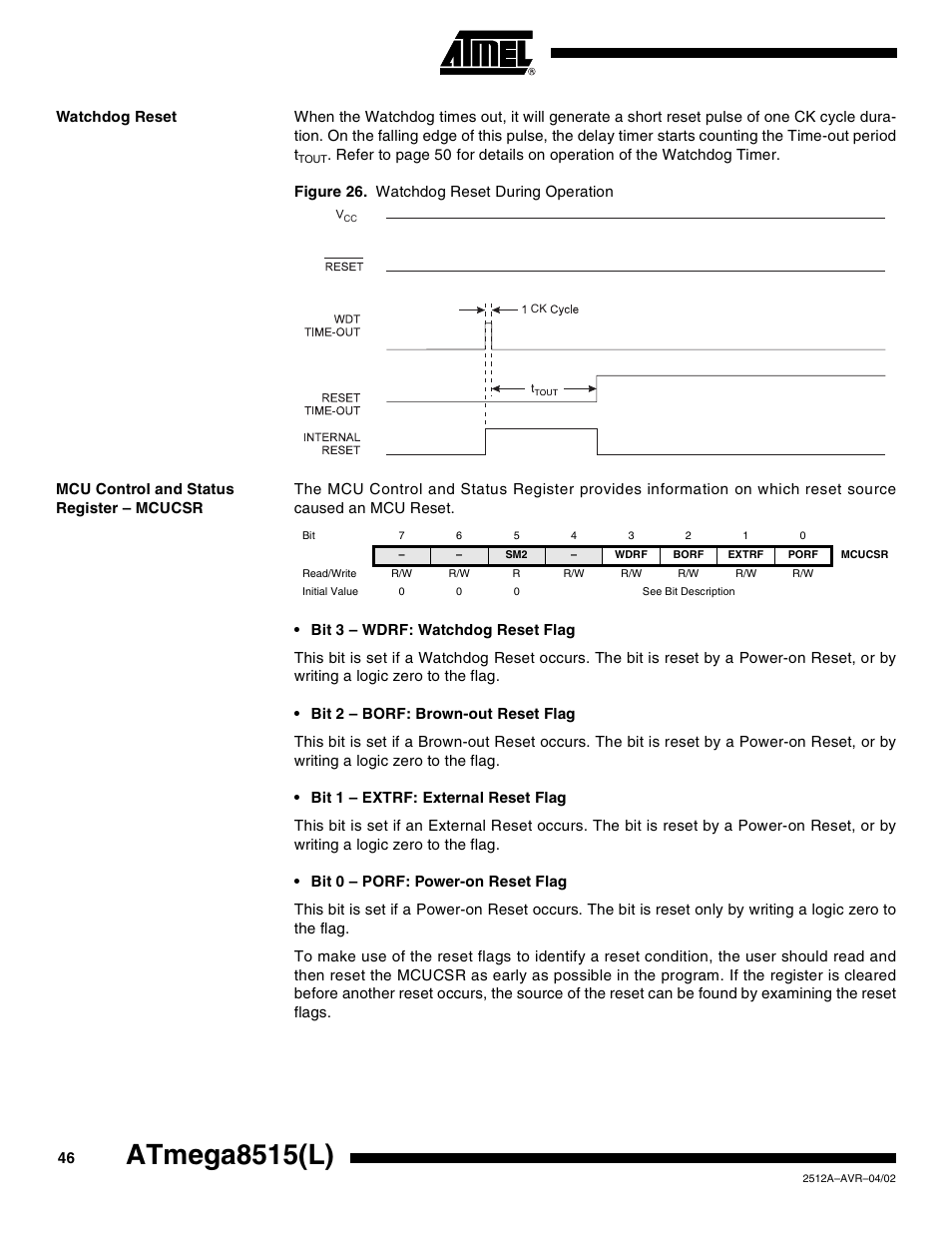 Watchdog reset, Mcu control and status register – mcucsr, Atmega8515(l) | Rainbow Electronics ATmega8515L User Manual | Page 46 / 223