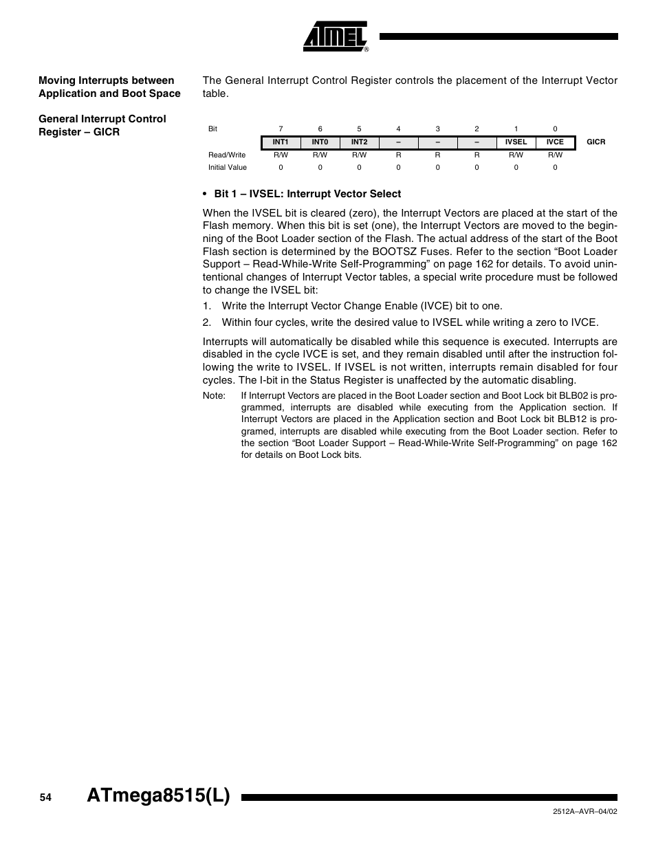 General interrupt control register – gicr, Atmega8515(l) | Rainbow Electronics ATmega8515L User Manual | Page 54 / 223