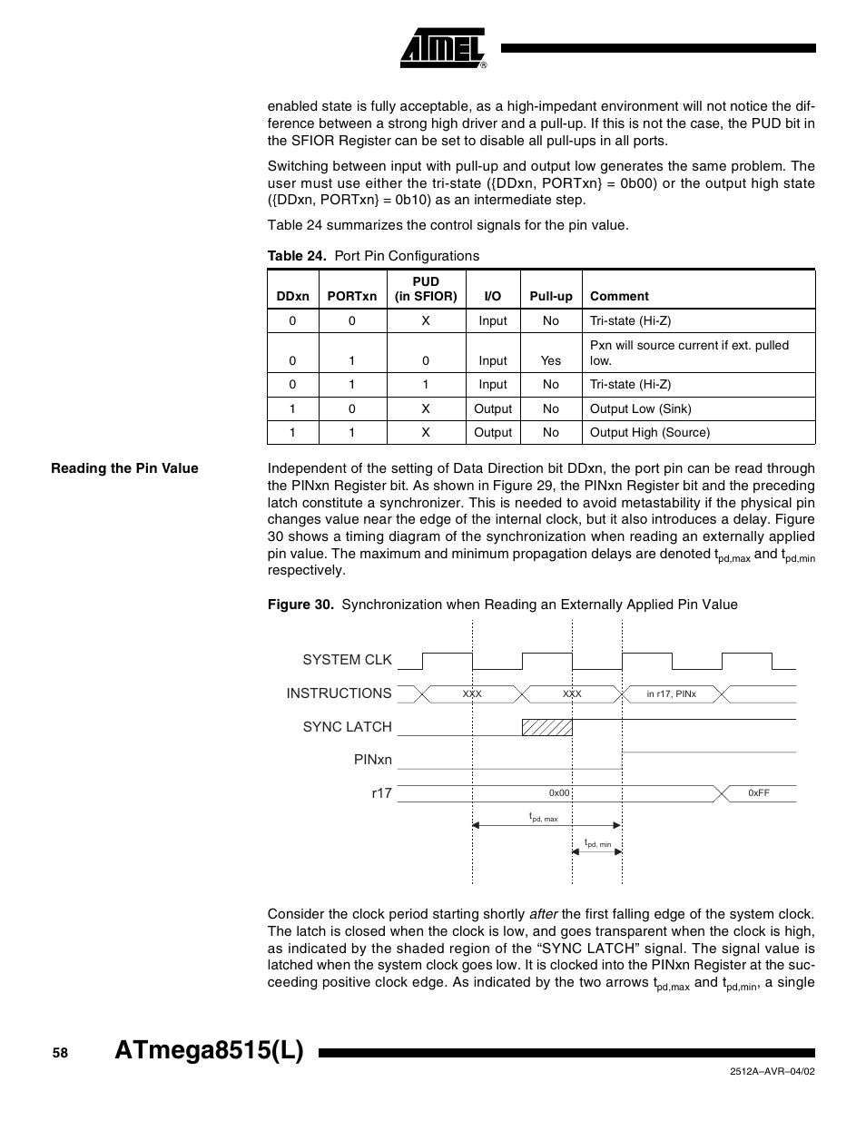 Reading the pin value, Atmega8515(l) | Rainbow Electronics ATmega8515L User Manual | Page 58 / 223