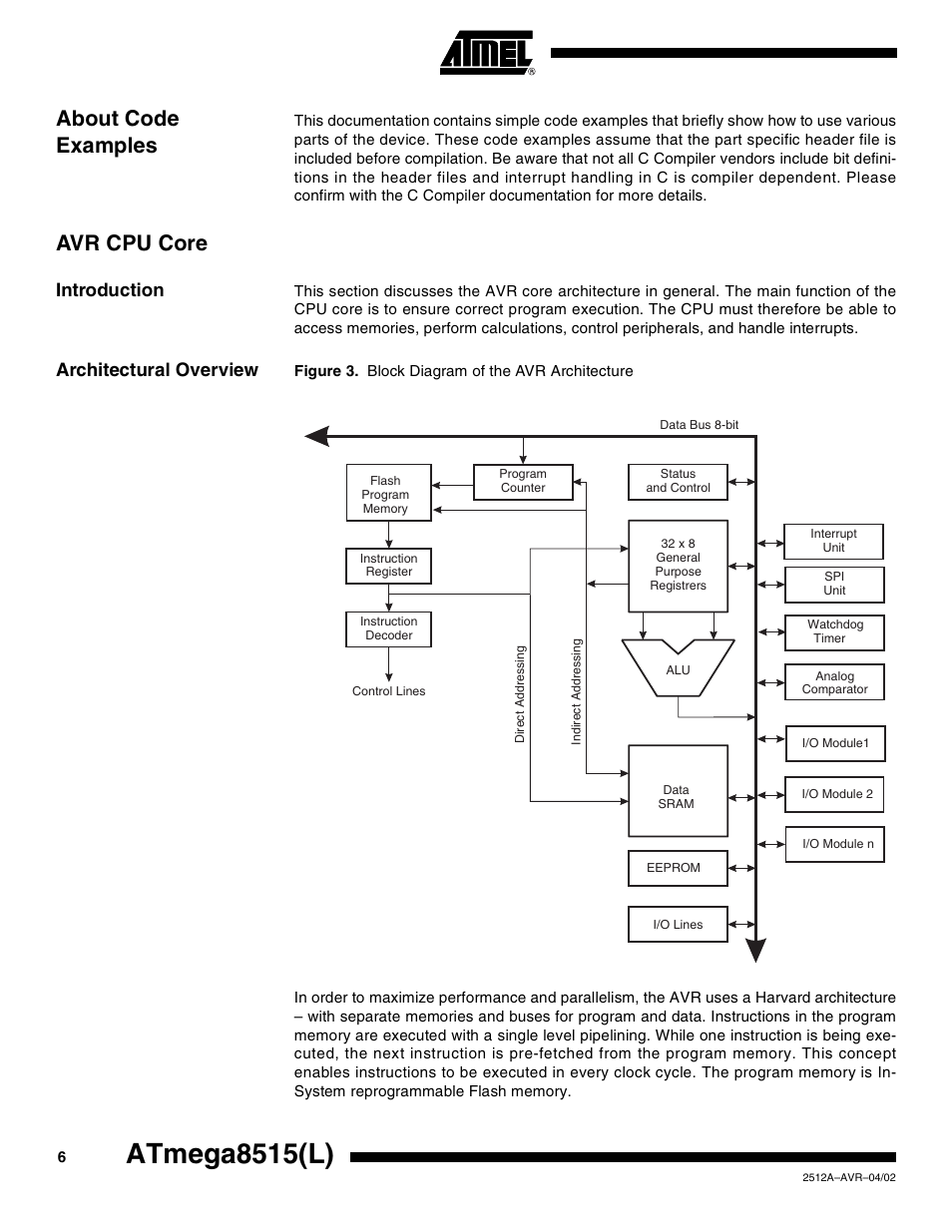 About code examples, Avr cpu core, Introduction | Architectural overview, Atmega8515(l) | Rainbow Electronics ATmega8515L User Manual | Page 6 / 223