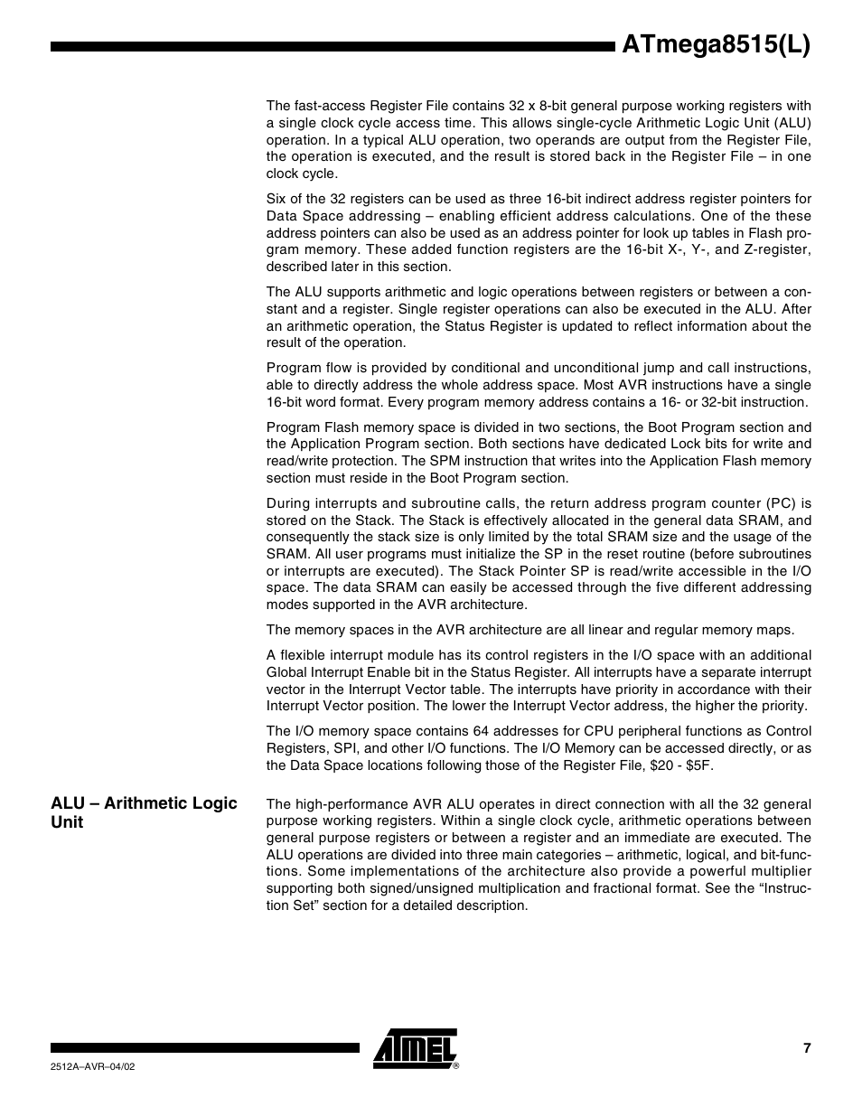 Alu – arithmetic logic unit, Atmega8515(l) | Rainbow Electronics ATmega8515L User Manual | Page 7 / 223