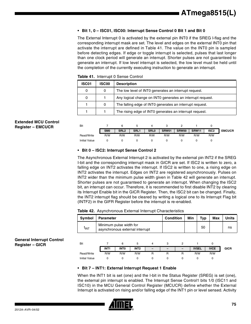 Extended mcu control register – emcucr, General interrupt control register – gicr, Atmega8515(l) | Rainbow Electronics ATmega8515L User Manual | Page 75 / 223