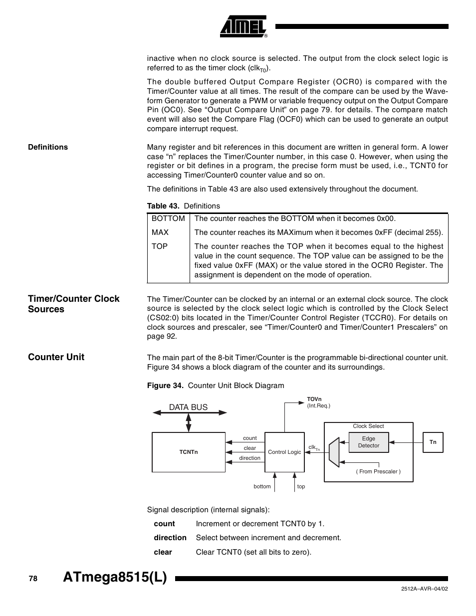 Definitions, Timer/counter clock sources, Counter unit | Atmega8515(l) | Rainbow Electronics ATmega8515L User Manual | Page 78 / 223