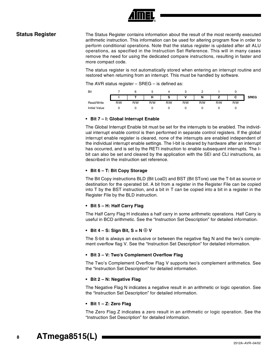 Status register, Atmega8515(l) | Rainbow Electronics ATmega8515L User Manual | Page 8 / 223