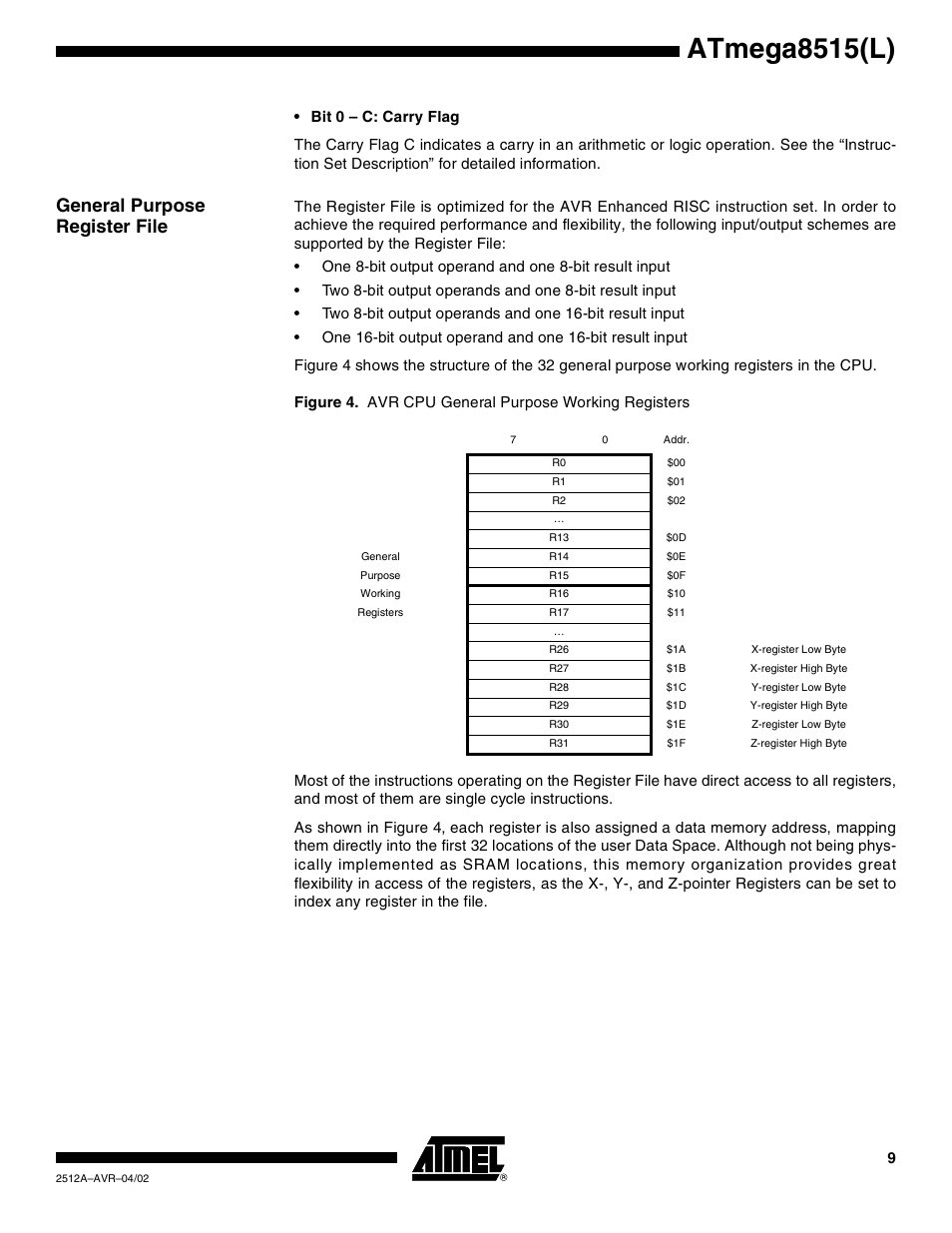 General purpose register file, Atmega8515(l) | Rainbow Electronics ATmega8515L User Manual | Page 9 / 223