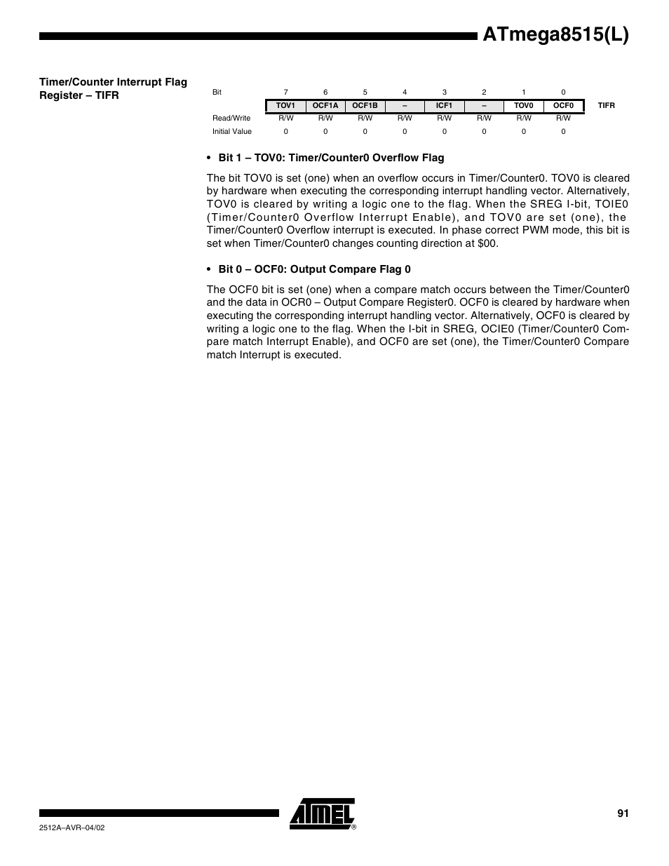 Timer/counter interrupt flag register – tifr, Atmega8515(l) | Rainbow Electronics ATmega8515L User Manual | Page 91 / 223