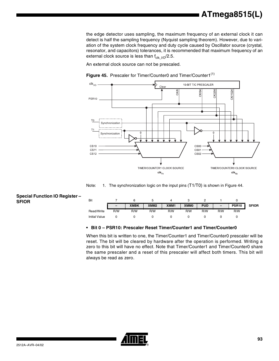 Special function io register – sfior, Atmega8515(l), T1/t0) | Rainbow Electronics ATmega8515L User Manual | Page 93 / 223