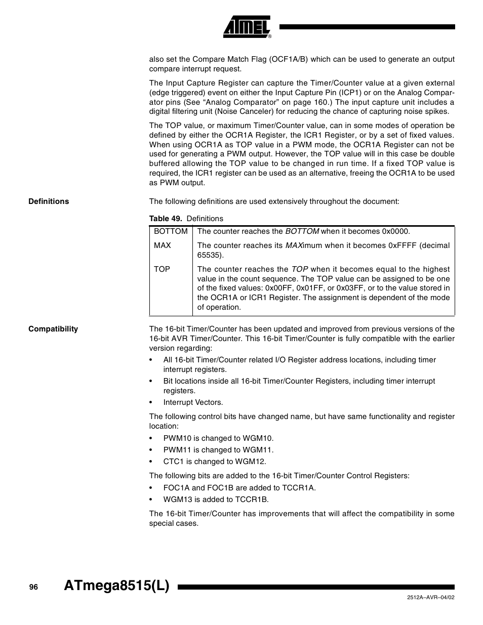 Definitions, Compatibility, Atmega8515(l) | Rainbow Electronics ATmega8515L User Manual | Page 96 / 223