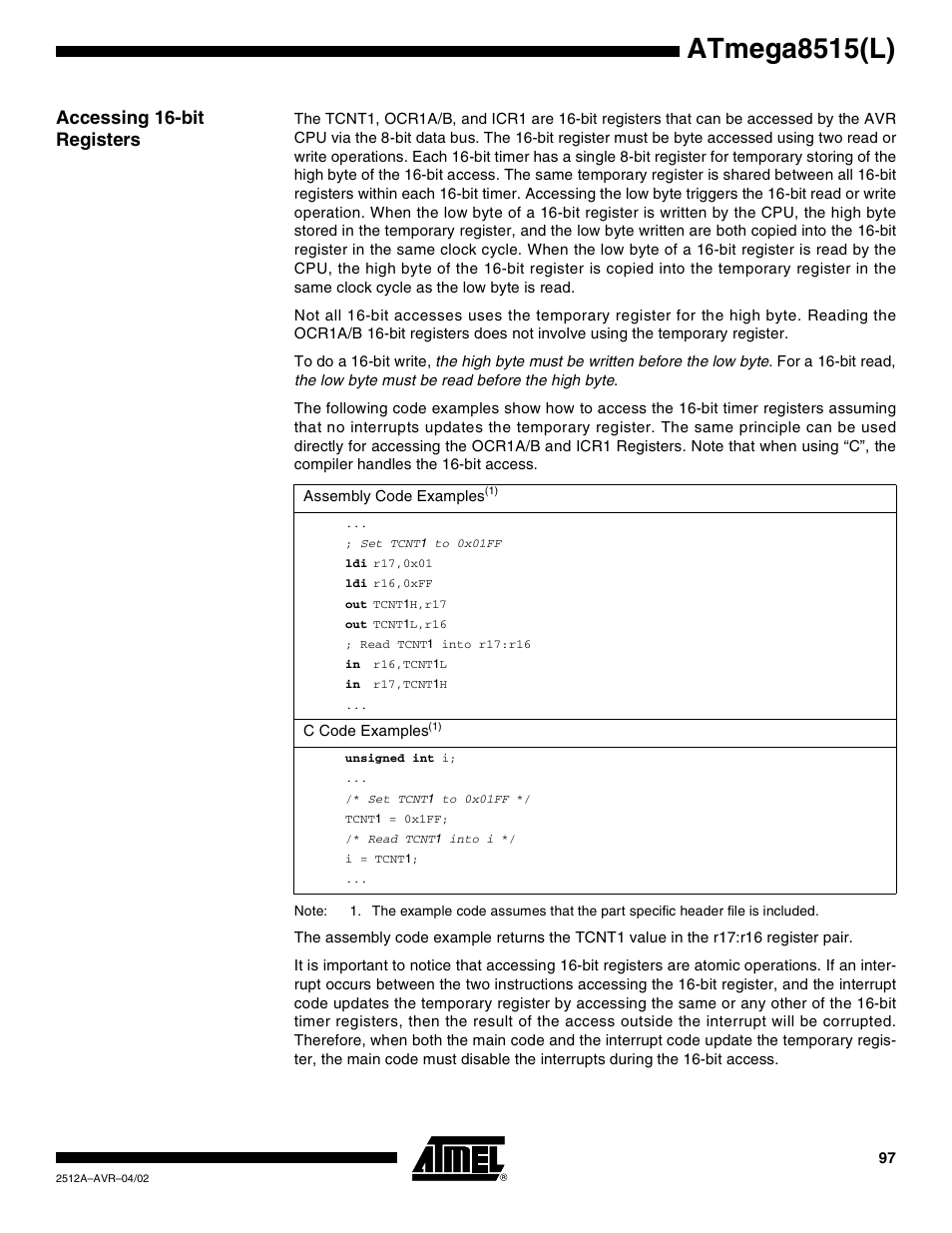 Accessing 16-bit registers, Atmega8515(l) | Rainbow Electronics ATmega8515L User Manual | Page 97 / 223