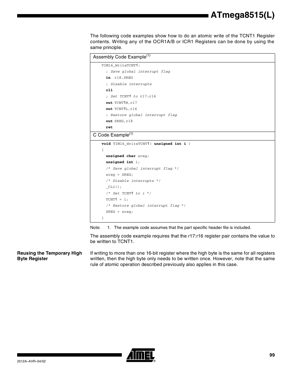 Reusing the temporary high byte register, Atmega8515(l) | Rainbow Electronics ATmega8515L User Manual | Page 99 / 223