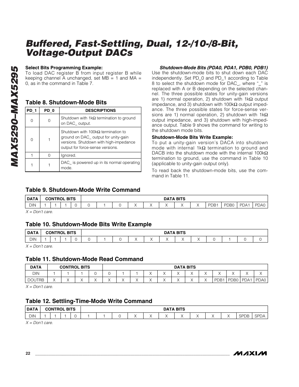 Table 12. settling-time-mode write command, Table 8. shutdown-mode bits | Rainbow Electronics MAX5295 User Manual | Page 22 / 33