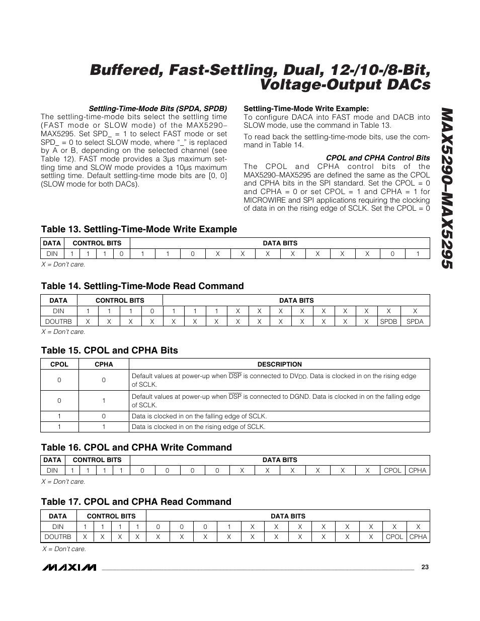 Table 13. settling-time-mode write example, Table 14. settling-time-mode read command, Table 17. cpol and cpha read command | Table 15. cpol and cpha bits, Table 16. cpol and cpha write command | Rainbow Electronics MAX5295 User Manual | Page 23 / 33