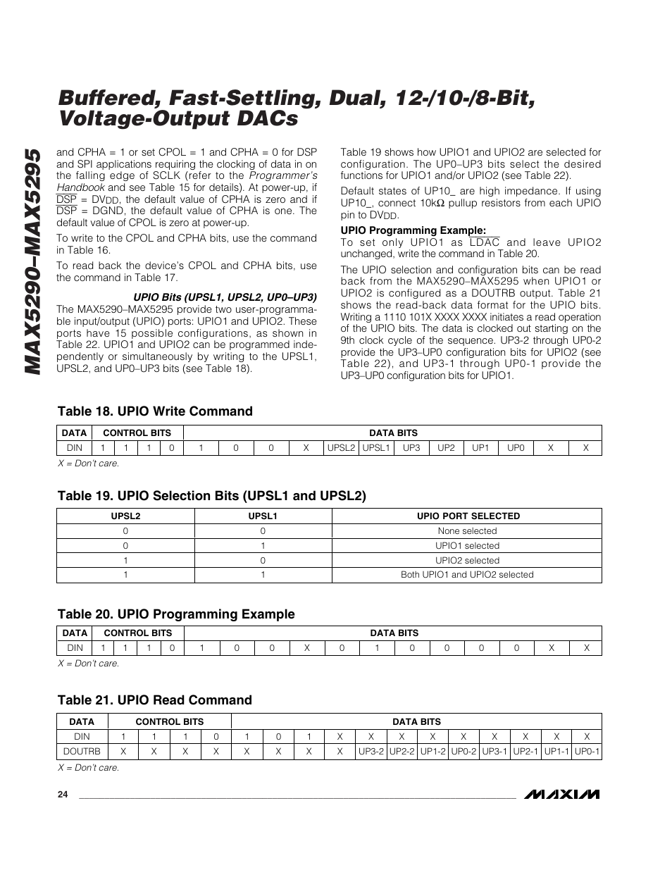 Table 20. upio programming example, Table 21. upio read command, Table 18. upio write command | Table 19. upio selection bits (upsl1 and upsl2) | Rainbow Electronics MAX5295 User Manual | Page 24 / 33