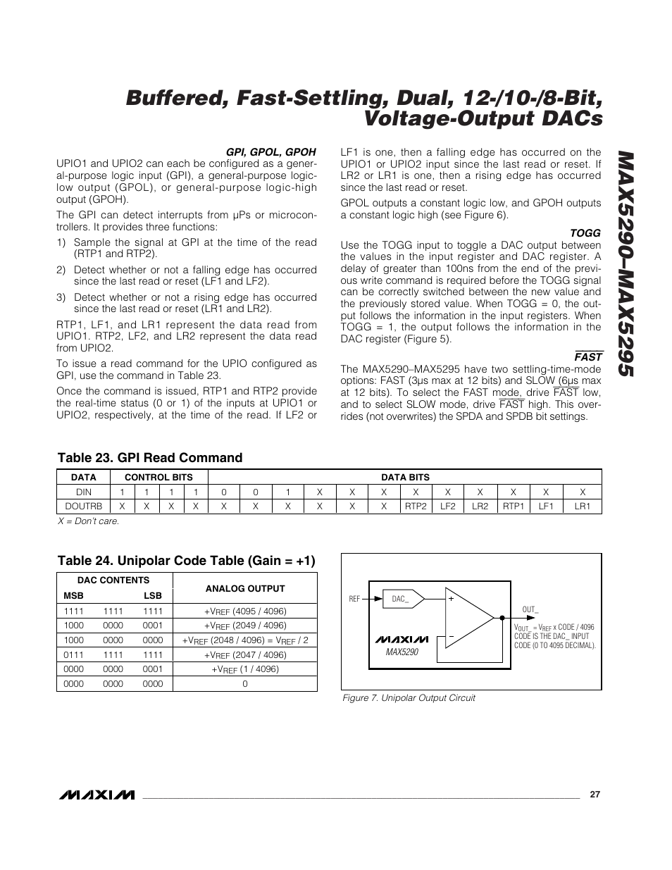 Table 23. gpi read command, Table 24. unipolar code table (gain = +1) | Rainbow Electronics MAX5295 User Manual | Page 27 / 33