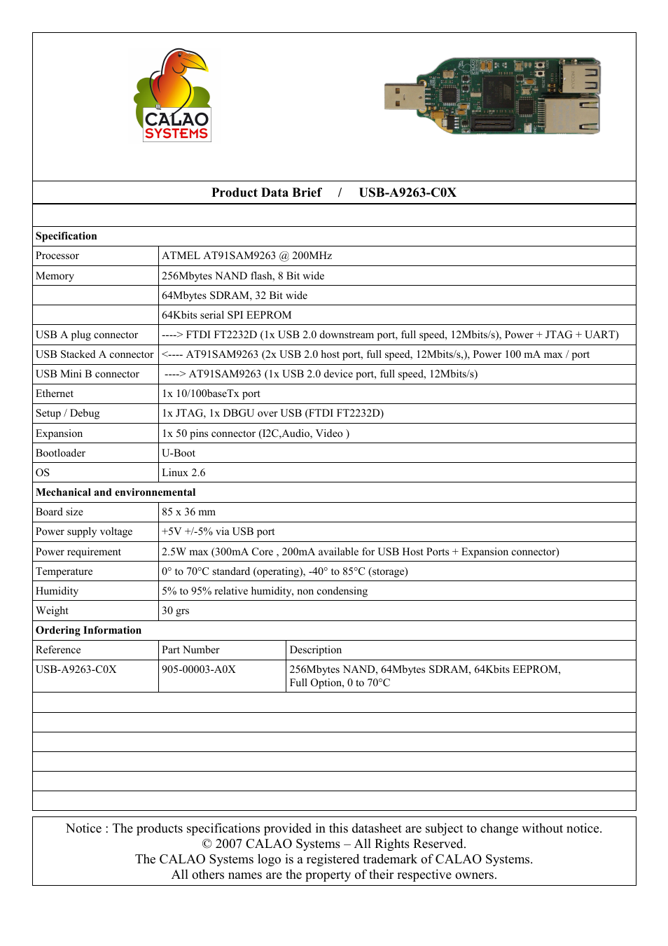 Rainbow Electronics USB-A9263-C02 User Manual | 1 page