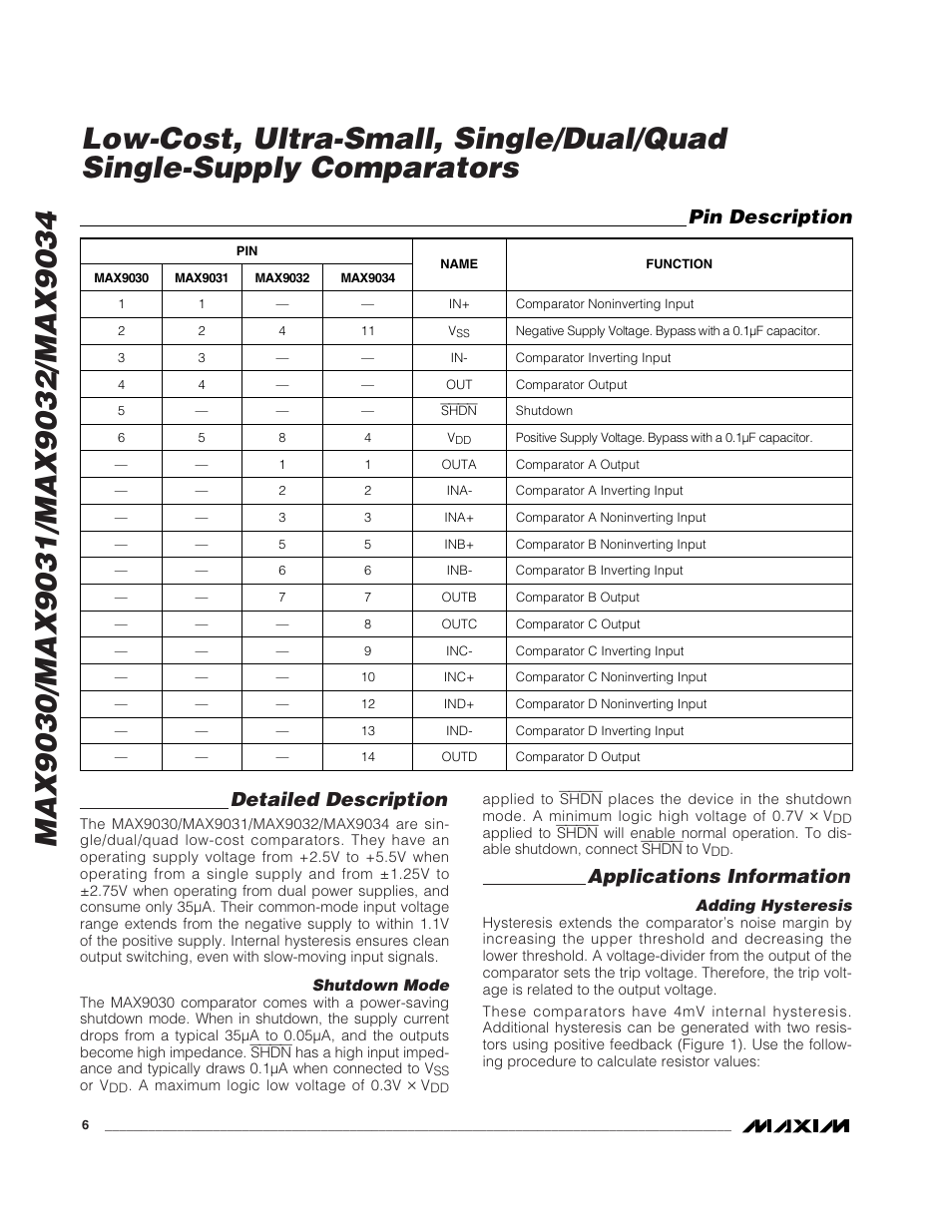 Detailed description, Applications information, Pin description | Rainbow Electronics MAX9034 User Manual | Page 6 / 11