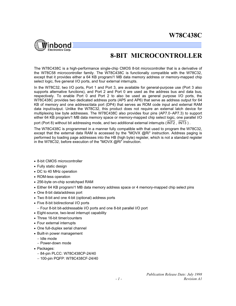 Rainbow Electronics W78C438C User Manual | 16 pages