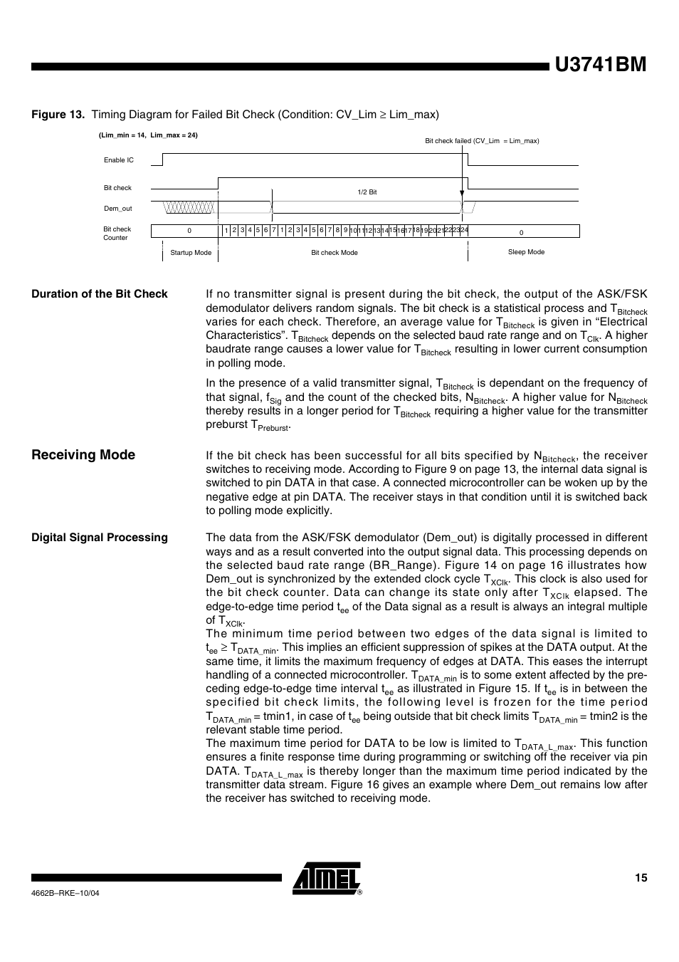 Duration of the bit check, Receiving mode, Digital signal processing | U3741bm | Rainbow Electronics U3741BM User Manual | Page 15 / 32