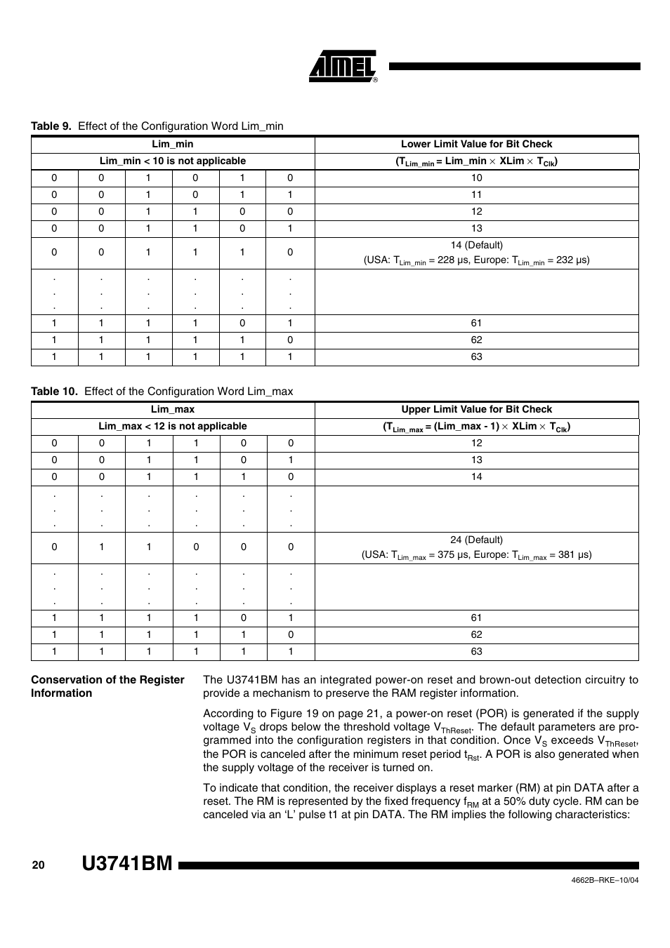 Conservation of the register information, U3741bm | Rainbow Electronics U3741BM User Manual | Page 20 / 32