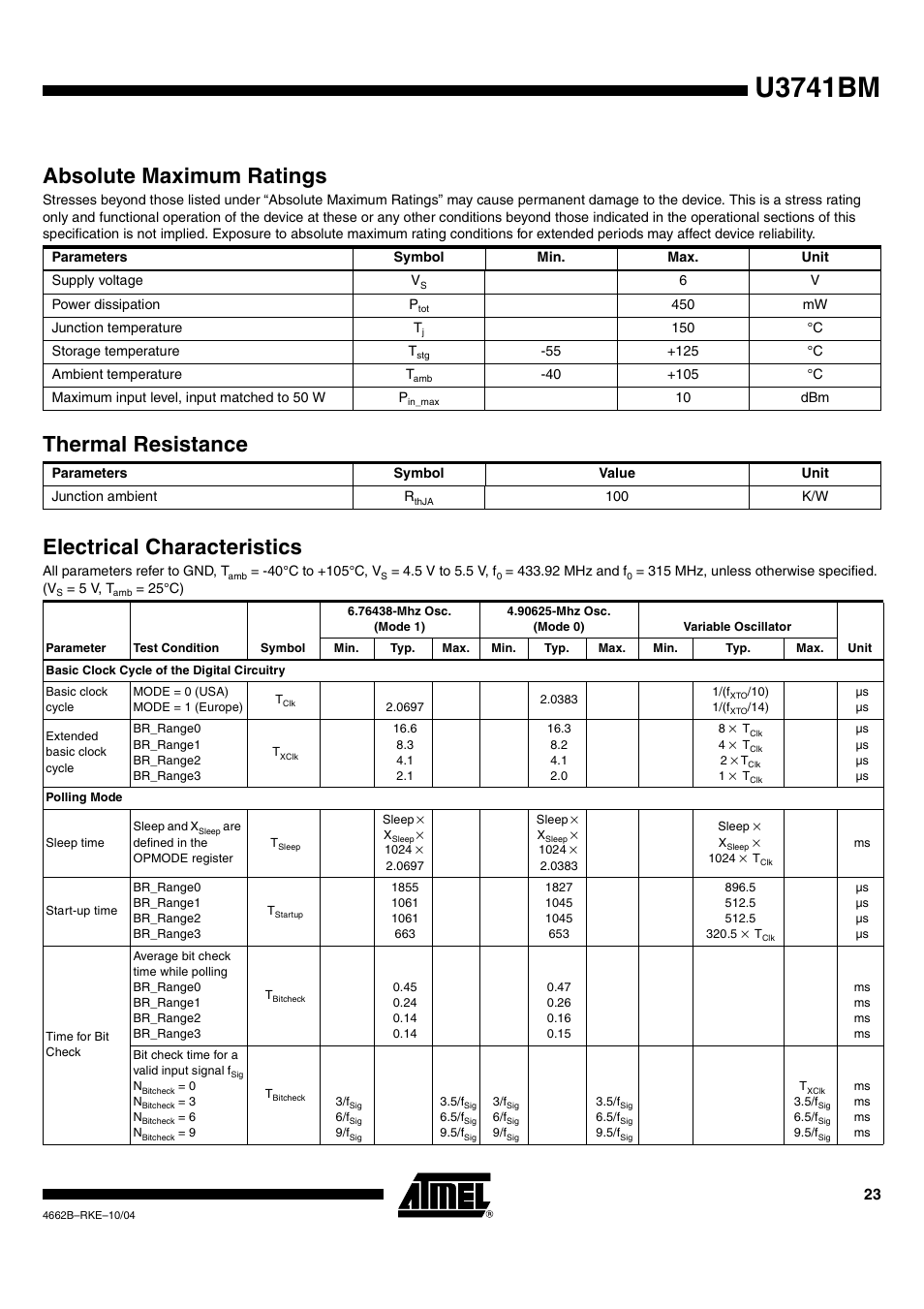 Absolute maximum ratings, Thermal resistance, Electrical characteristics | U3741bm | Rainbow Electronics U3741BM User Manual | Page 23 / 32