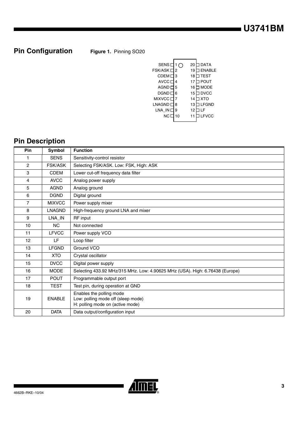 Pin configuration, Pin description, U3741bm | Rainbow Electronics U3741BM User Manual | Page 3 / 32