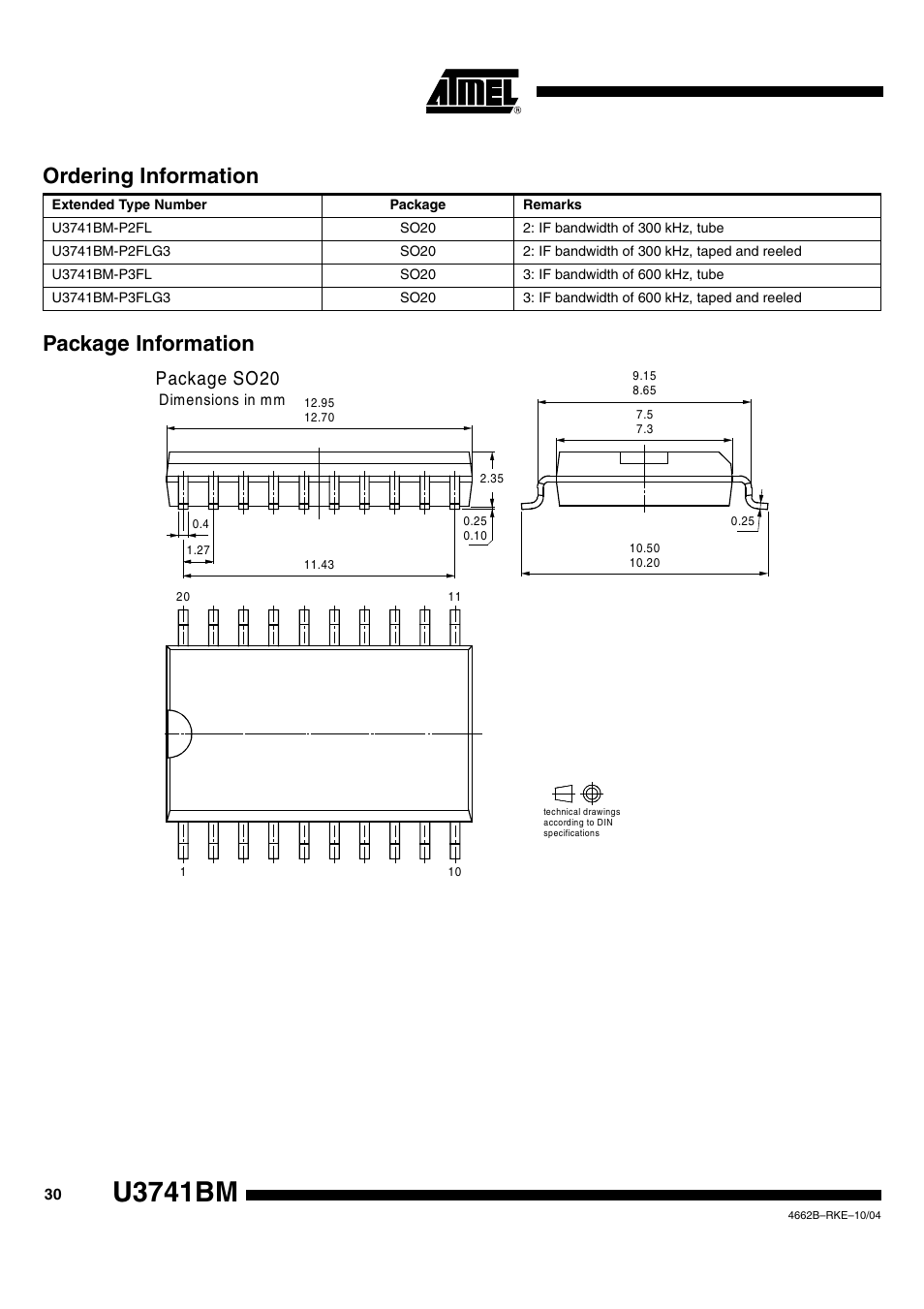 Ordering information, Package information, U3741bm | Package information ordering information, Package so20 | Rainbow Electronics U3741BM User Manual | Page 30 / 32