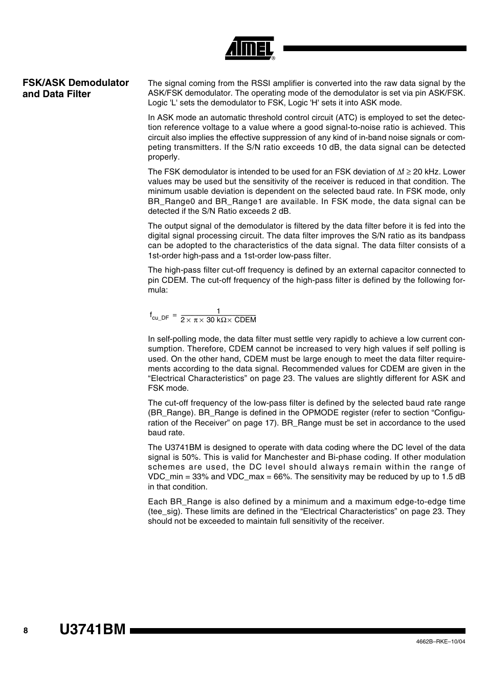 Fsk/ask demodulator and data filter, U3741bm | Rainbow Electronics U3741BM User Manual | Page 8 / 32