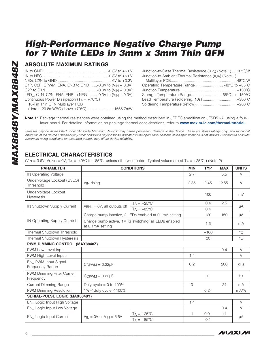 Electrical characteristics, Absolute maximum ratings | Rainbow Electronics MAX8848Z User Manual | Page 2 / 14