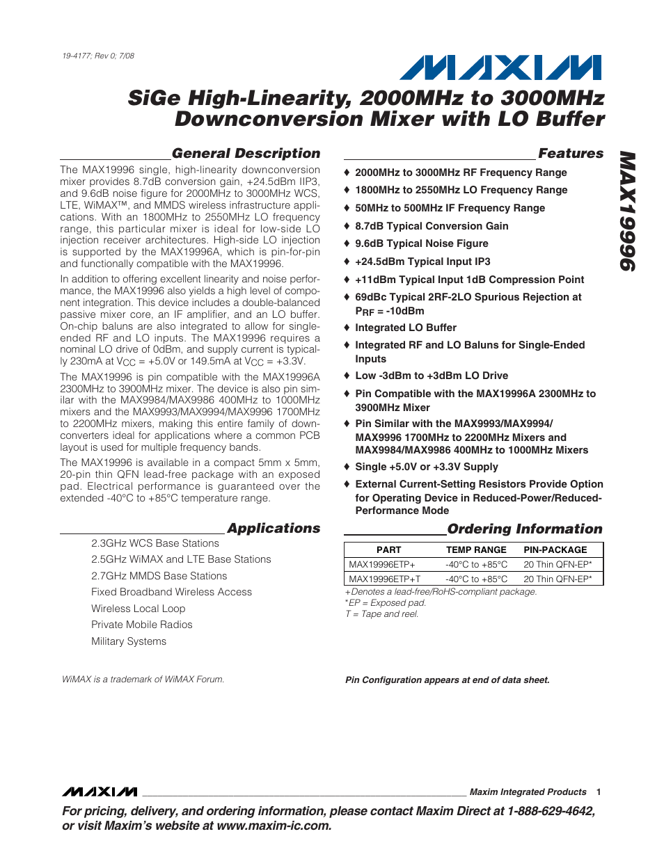 Rainbow Electronics MAX19996 User Manual | 19 pages