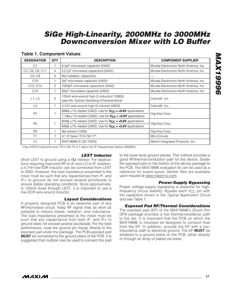 Table 1. component values | Rainbow Electronics MAX19996 User Manual | Page 17 / 19