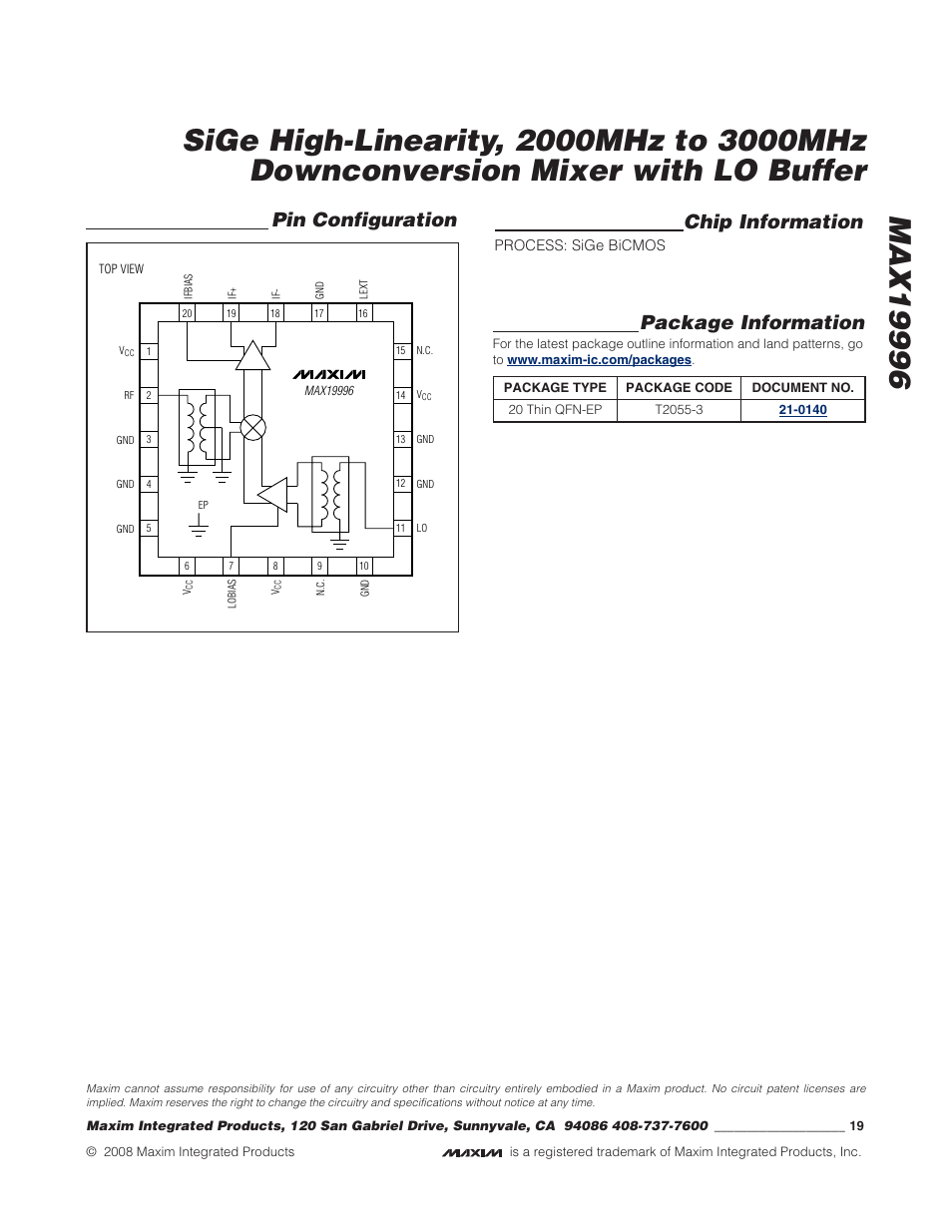 Package information, Pin configuration chip information | Rainbow Electronics MAX19996 User Manual | Page 19 / 19