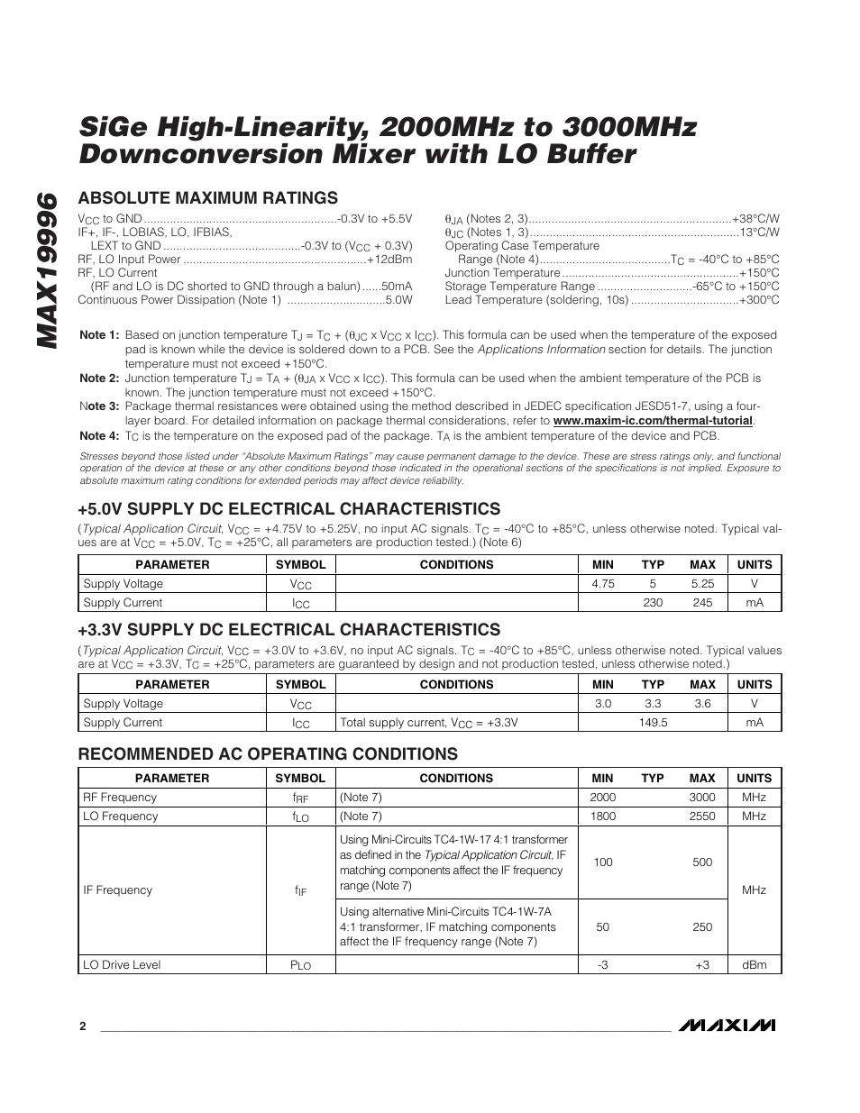 0v supply dc electrical characteristics, Recommended ac operating conditions | Rainbow Electronics MAX19996 User Manual | Page 2 / 19