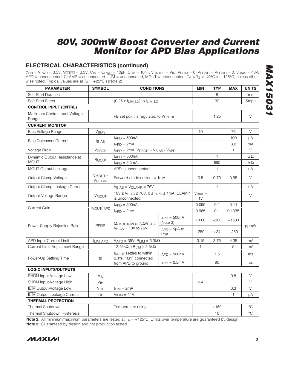 Electrical characteristics (continued) | Rainbow Electronics MAX15031 User Manual | Page 3 / 17