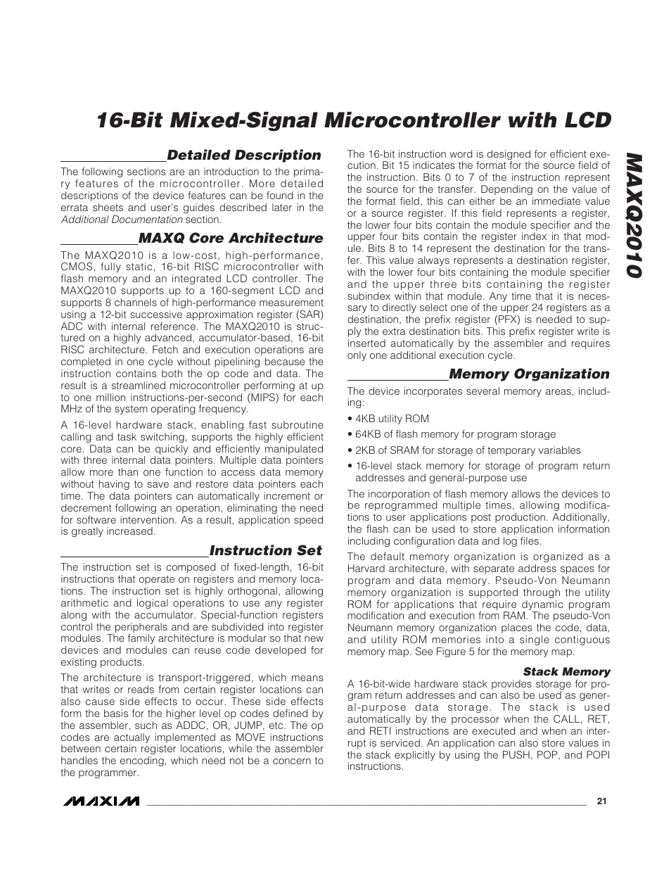Detailed description, Maxq core architecture, Instruction set | Memory organization, Stack memory | Rainbow Electronics MAXQ2010 User Manual | Page 21 / 33