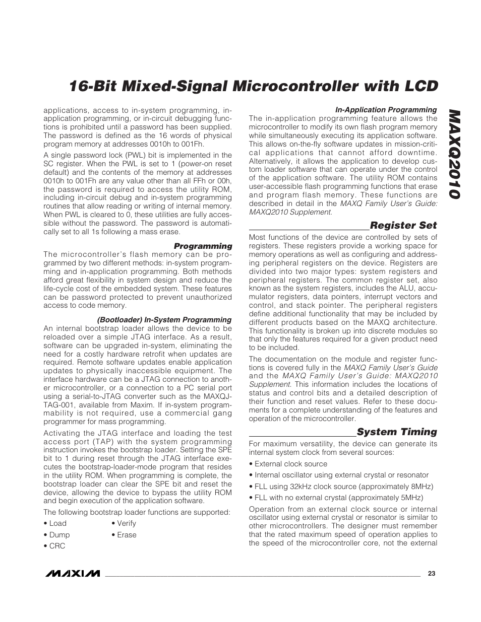 Programming, Bootloader) in-system programming, In-application programming | Register set, System timing | Rainbow Electronics MAXQ2010 User Manual | Page 23 / 33