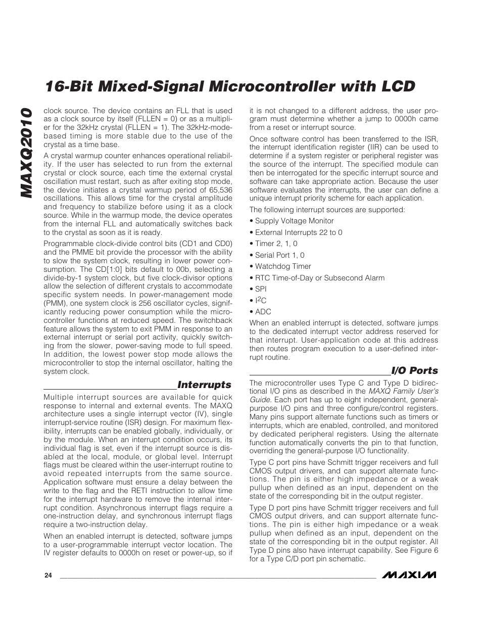 System timing, Interrupts, I/o ports | Rainbow Electronics MAXQ2010 User Manual | Page 24 / 33