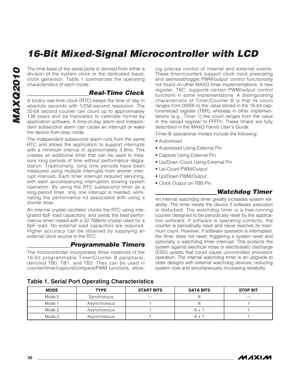 Usart serial ports, Real-time clock, Programmable timers | Watchdog timer, Table 1. serial port operating characteristics | Rainbow Electronics MAXQ2010 User Manual | Page 26 / 33