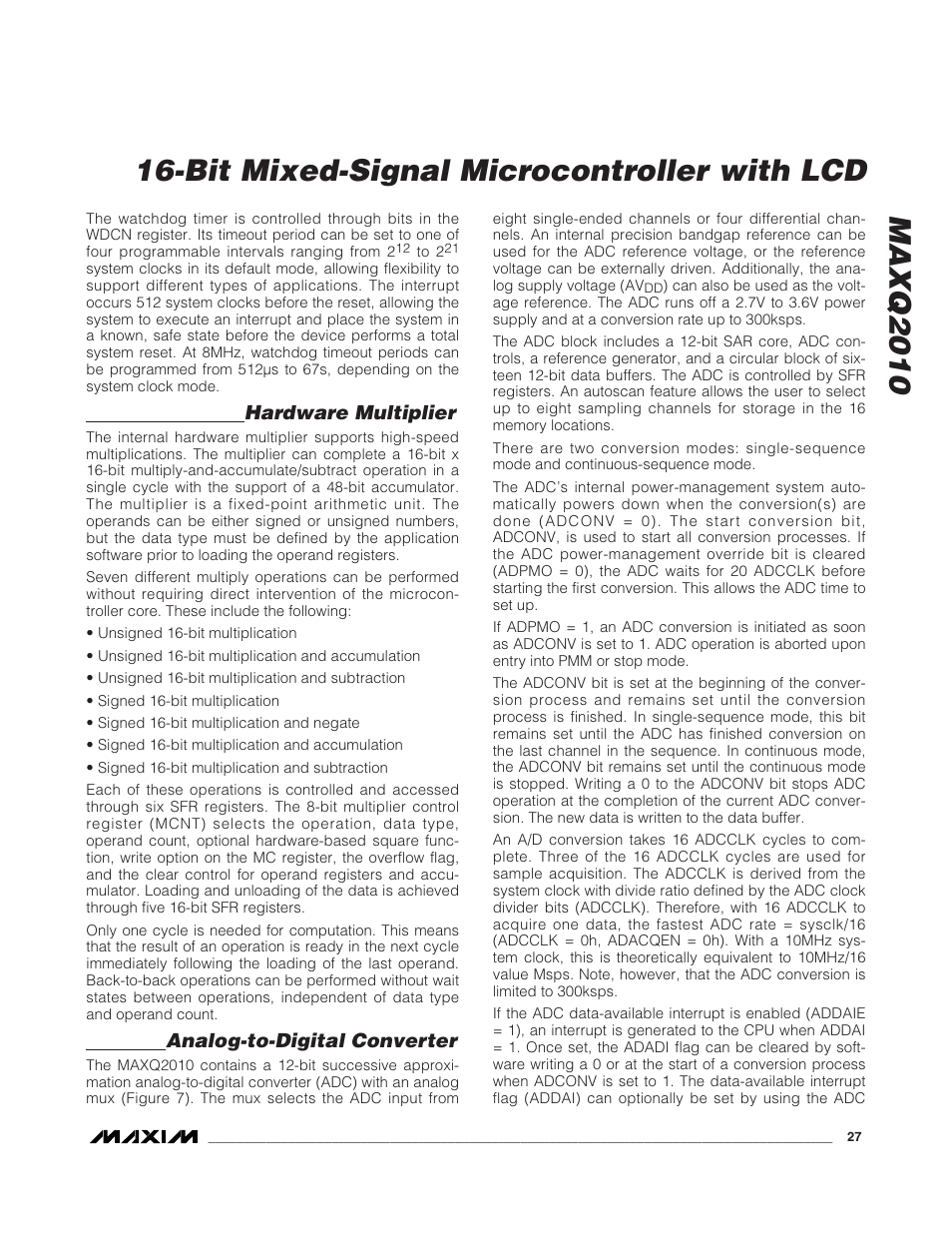 Hardware multiplier, Analog-to-digital converter | Rainbow Electronics MAXQ2010 User Manual | Page 27 / 33