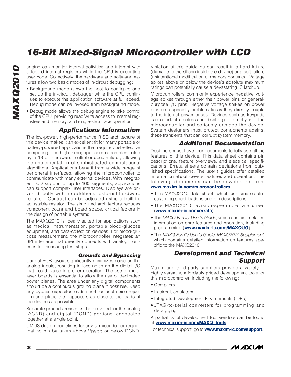 Applications information, Additional documentation, Development and technical support | Rainbow Electronics MAXQ2010 User Manual | Page 30 / 33