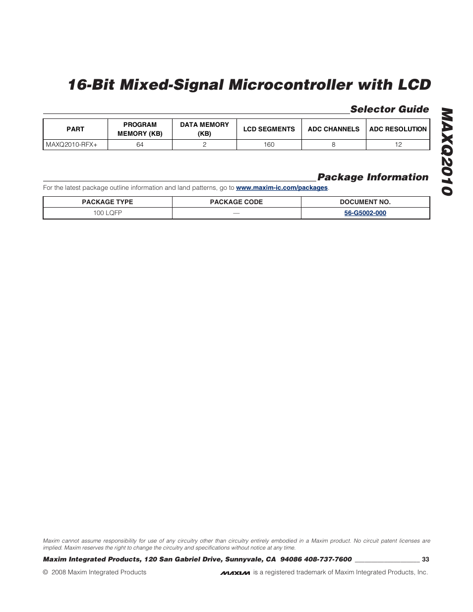 Selector guide, Package information | Rainbow Electronics MAXQ2010 User Manual | Page 33 / 33