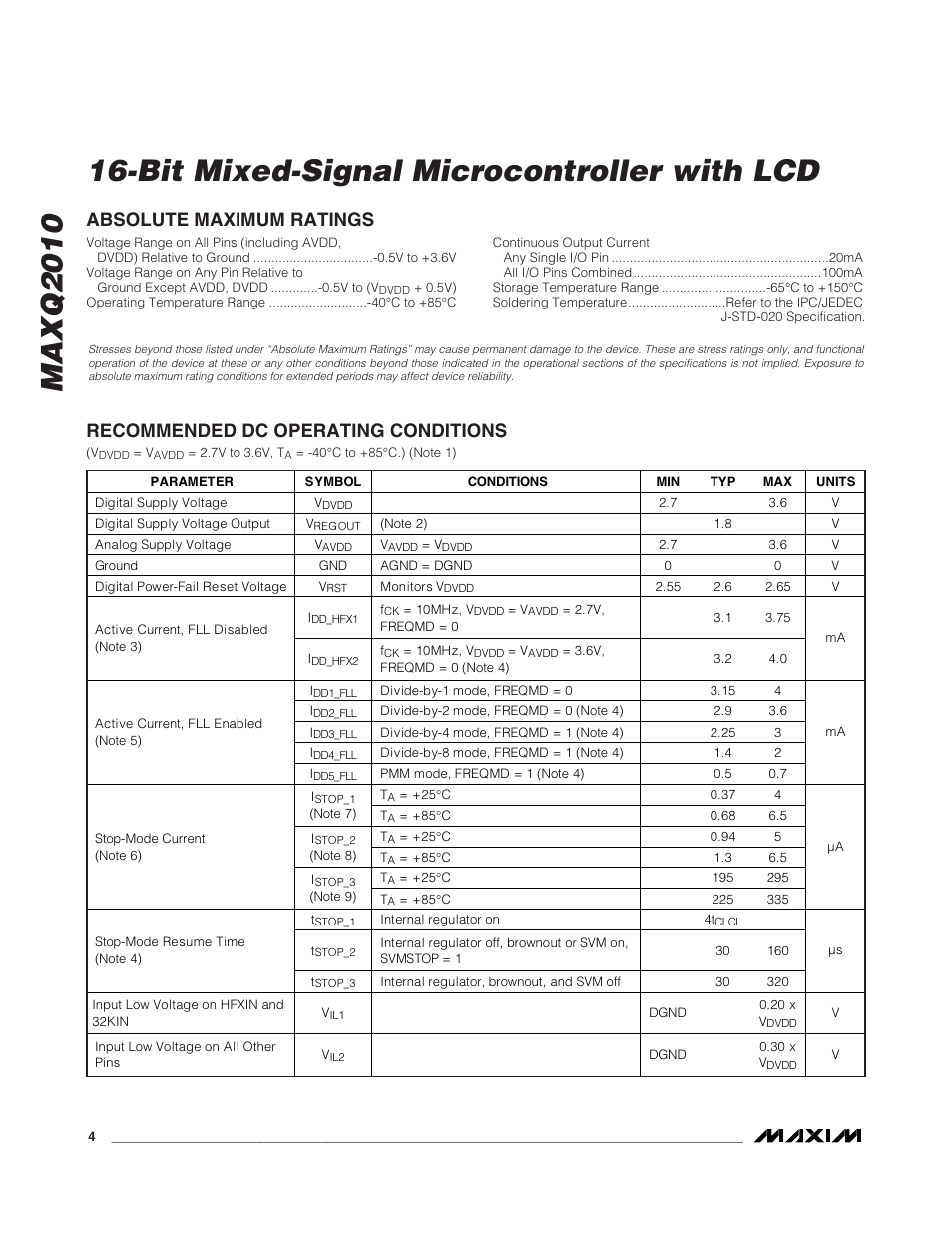 Absolute maximum ratings, Recommended dc operating con, Recommended dc operating conditions | Rainbow Electronics MAXQ2010 User Manual | Page 4 / 33