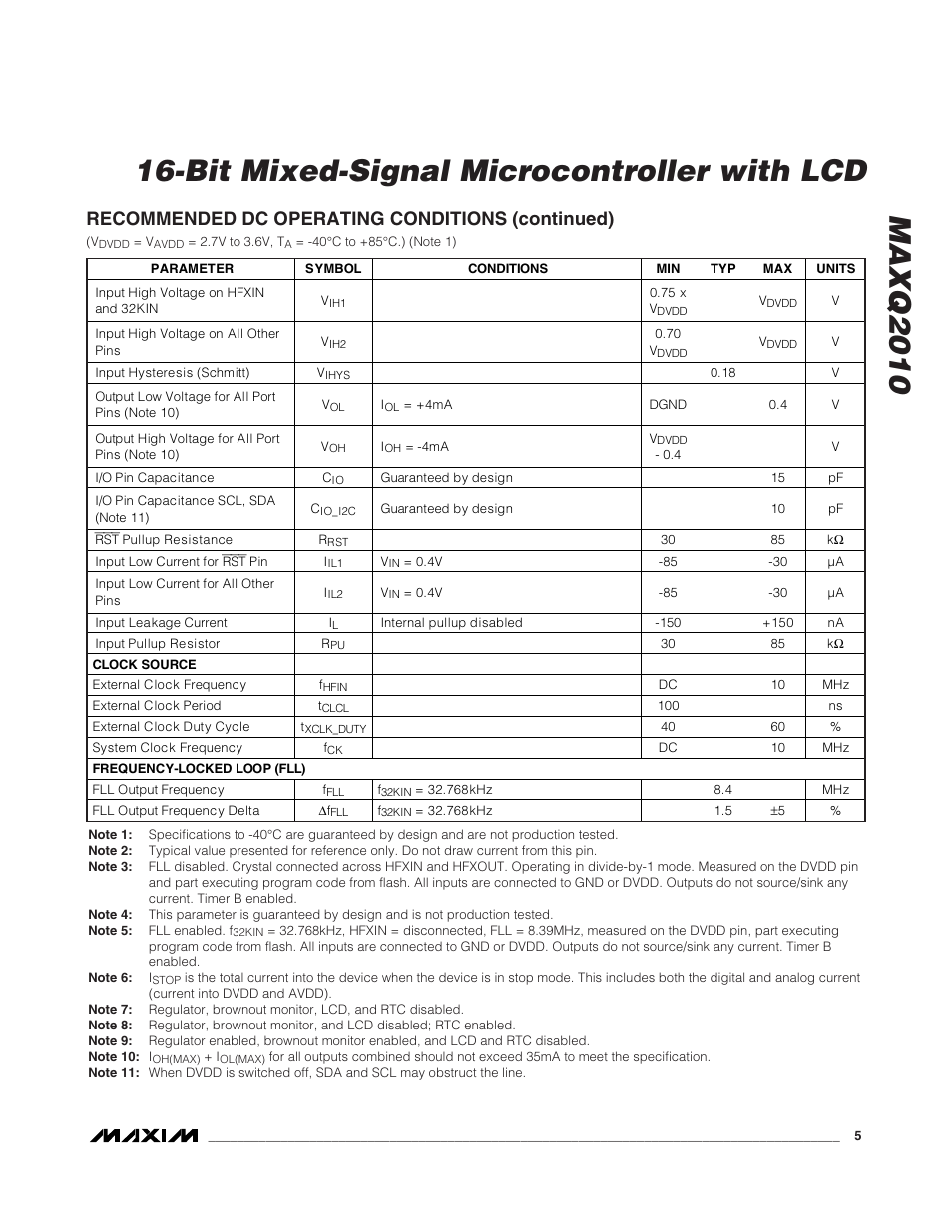 Recommended dc operating conditions (continued) | Rainbow Electronics MAXQ2010 User Manual | Page 5 / 33