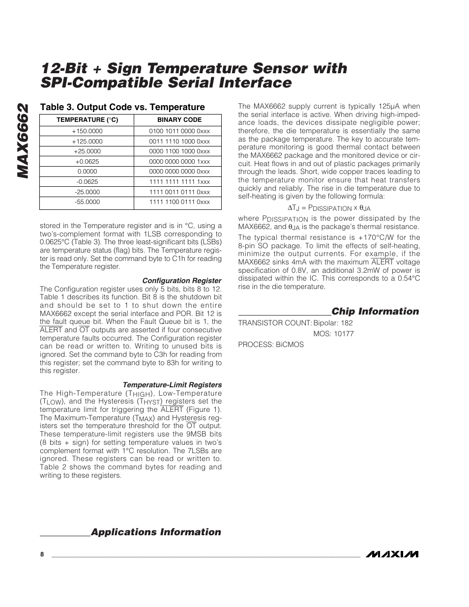 Applications information, Chip information, Table 3. output code vs. temperature | Rainbow Electronics MAX6662 User Manual | Page 8 / 9