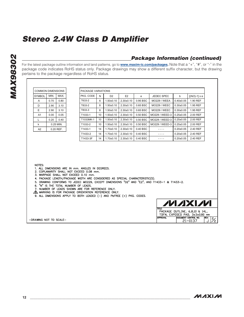 Package information (continued) | Rainbow Electronics MAX98302 User Manual | Page 12 / 13