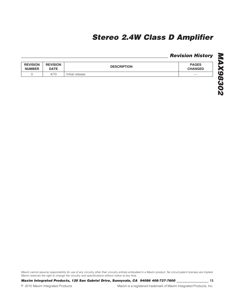 Revision history | Rainbow Electronics MAX98302 User Manual | Page 13 / 13