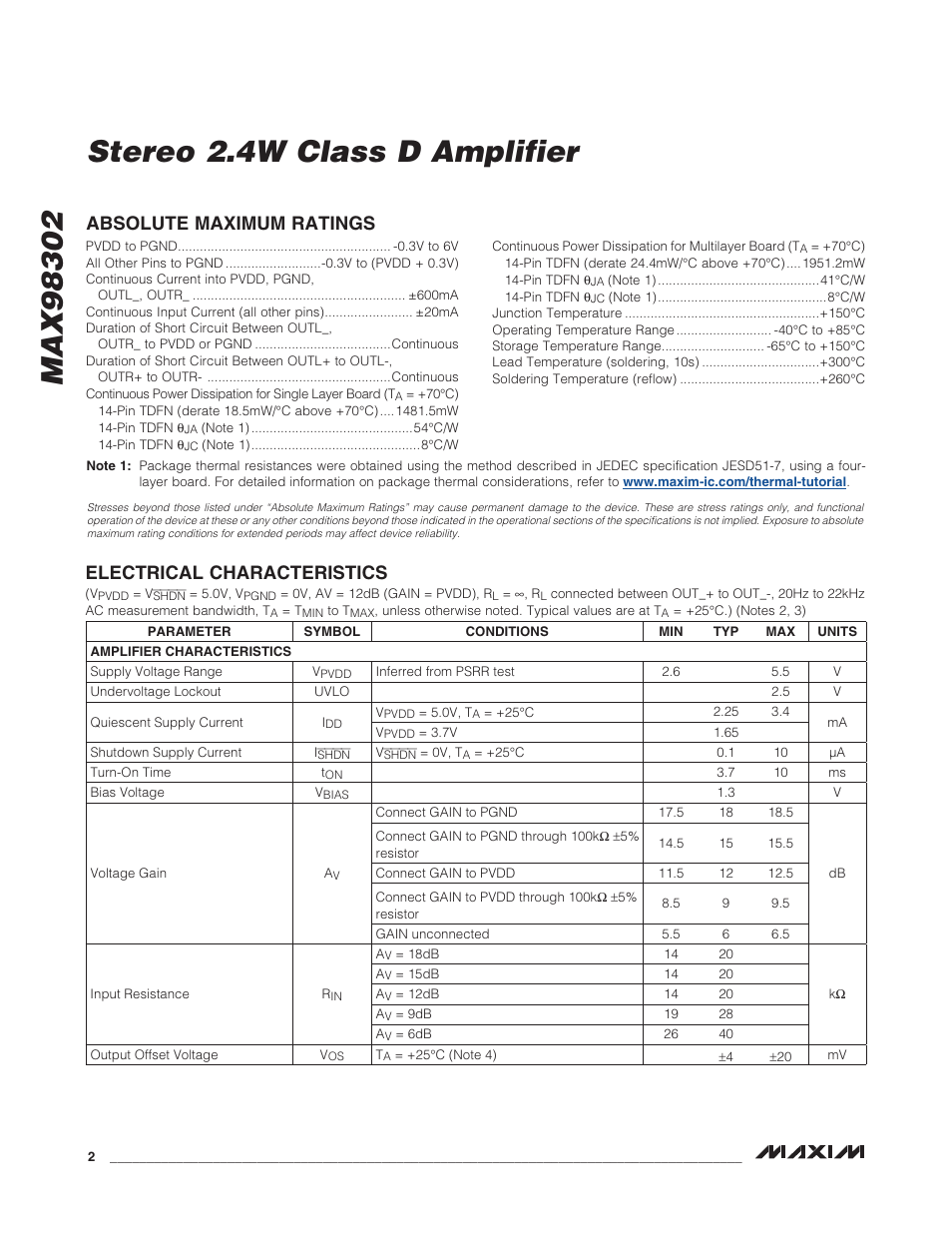Electrical characteristics, Absolute maximum ratings | Rainbow Electronics MAX98302 User Manual | Page 2 / 13
