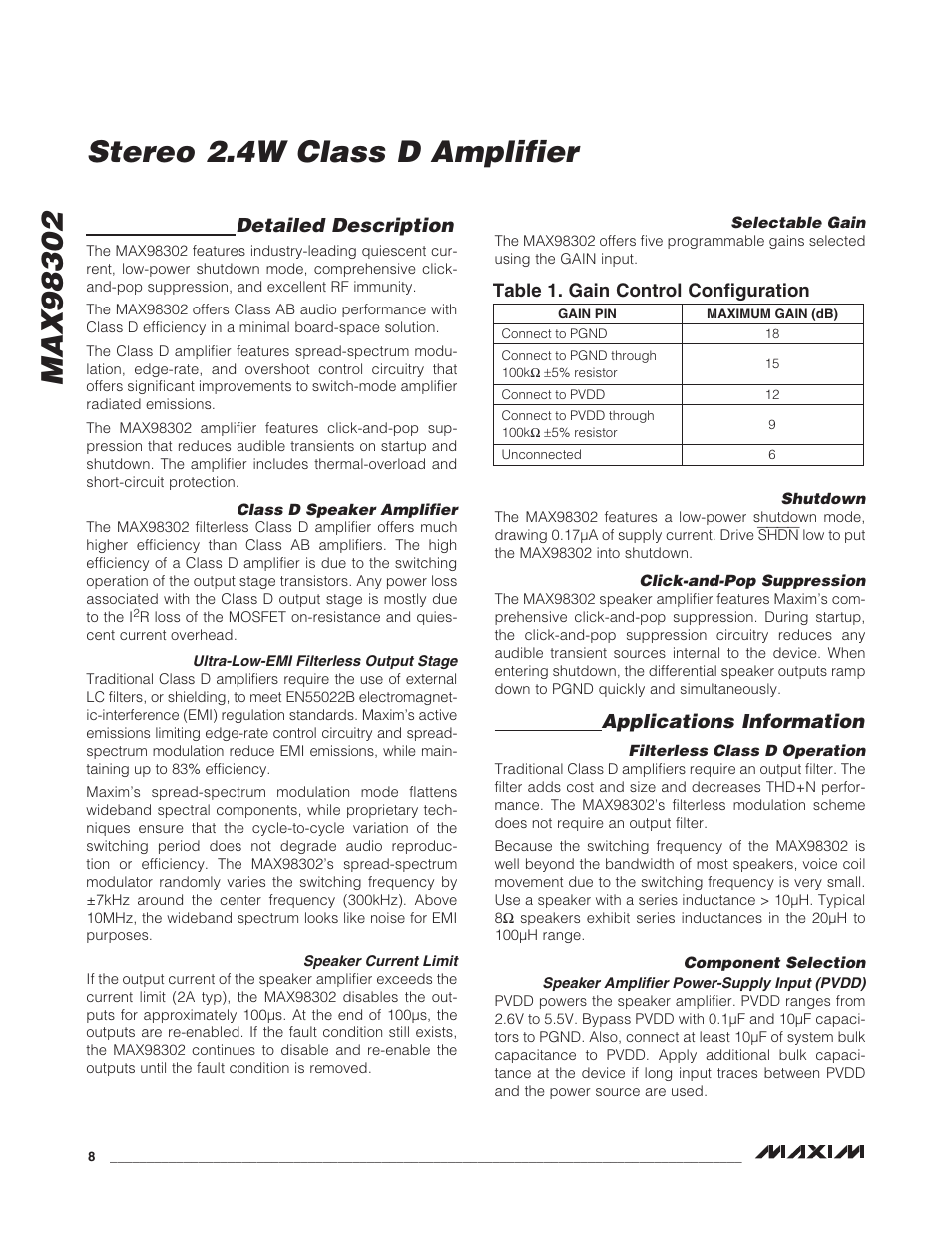 Detailed description, Applications information | Rainbow Electronics MAX98302 User Manual | Page 8 / 13