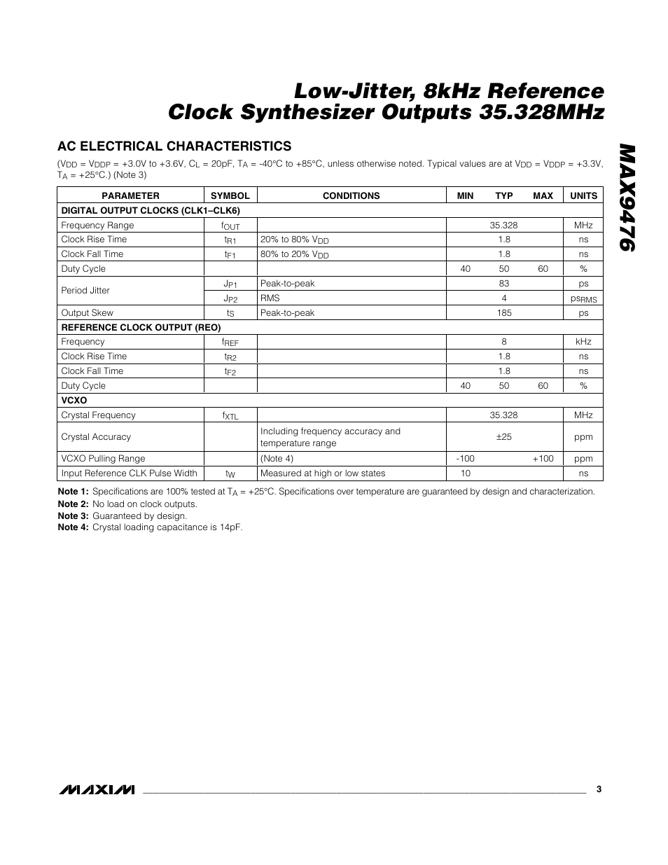 Ac electrical characteristics | Rainbow Electronics MAX9476 User Manual | Page 3 / 8