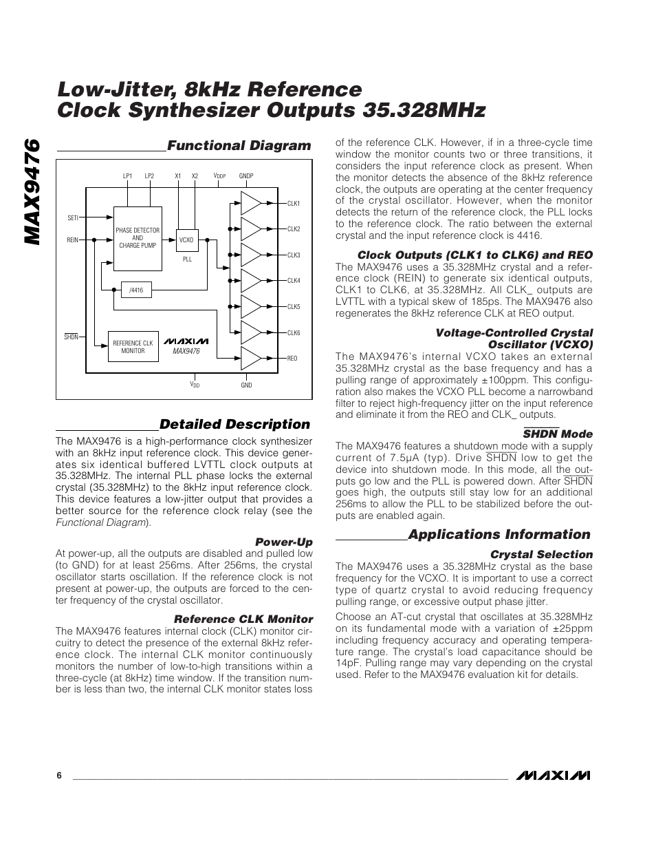 Max9476, Detailed description, Applications information | Functional diagram, Shdn | Rainbow Electronics MAX9476 User Manual | Page 6 / 8