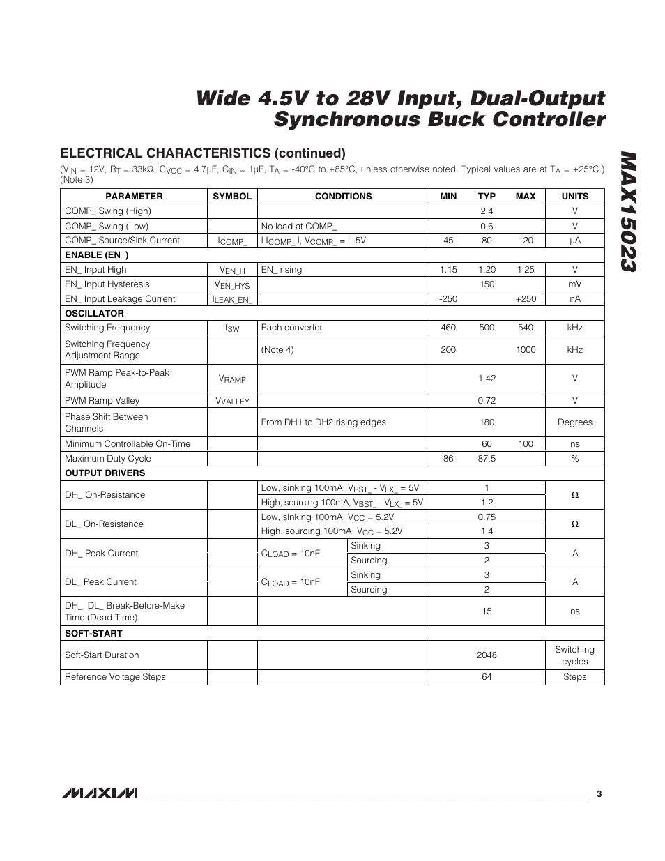 Electrical characteristics (continued) | Rainbow Electronics MAX15023 User Manual | Page 3 / 27